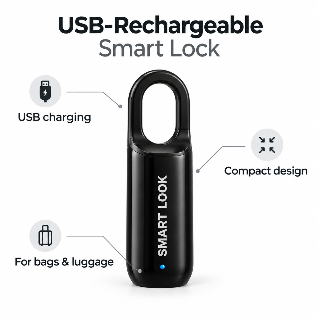 Black smart lock with feature callouts