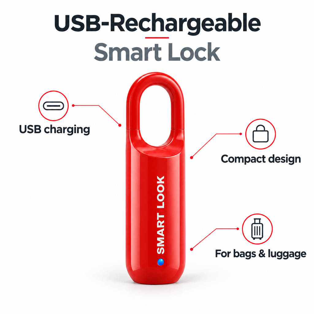 Red smart lock with feature callouts