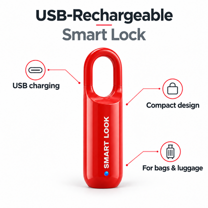 Red smart lock with feature callouts